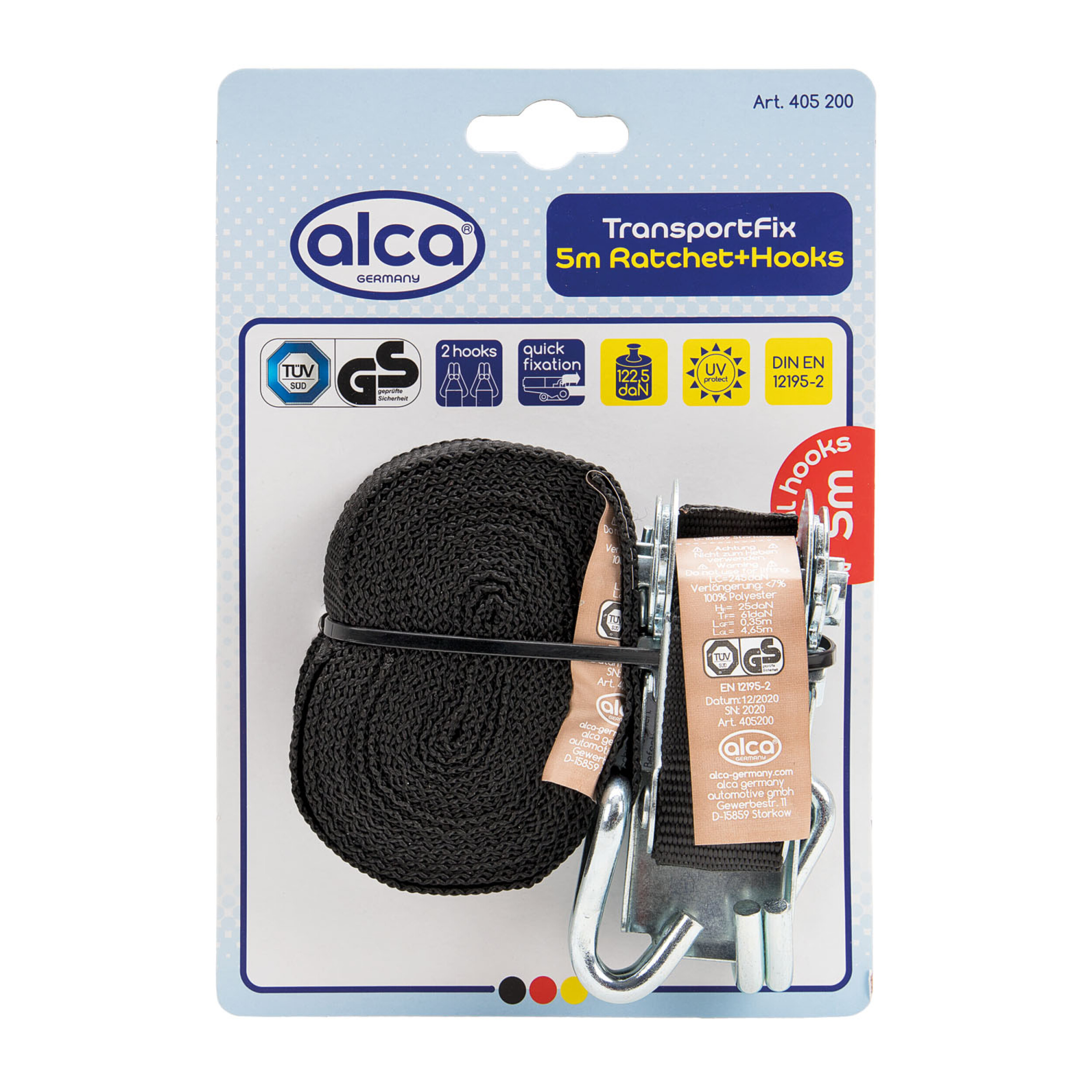 Gepäckhaltegurt mit Ratsche & 2 Haken | alca® Transport Fix 5m Ratchet + Hooks