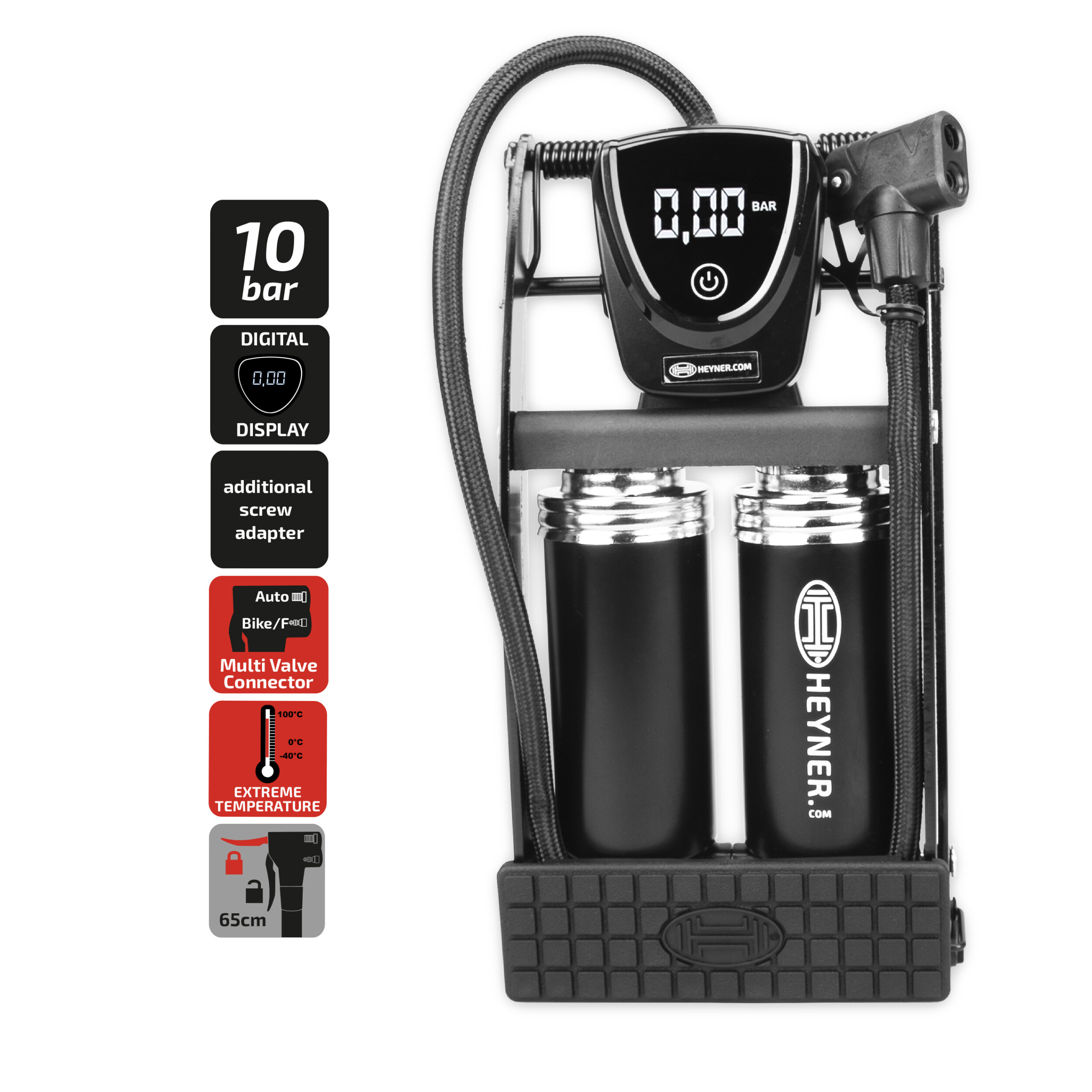 2-Zylinder Fußpumpe digitales Manometer | HEYNER® Pedal Max Digital PRO