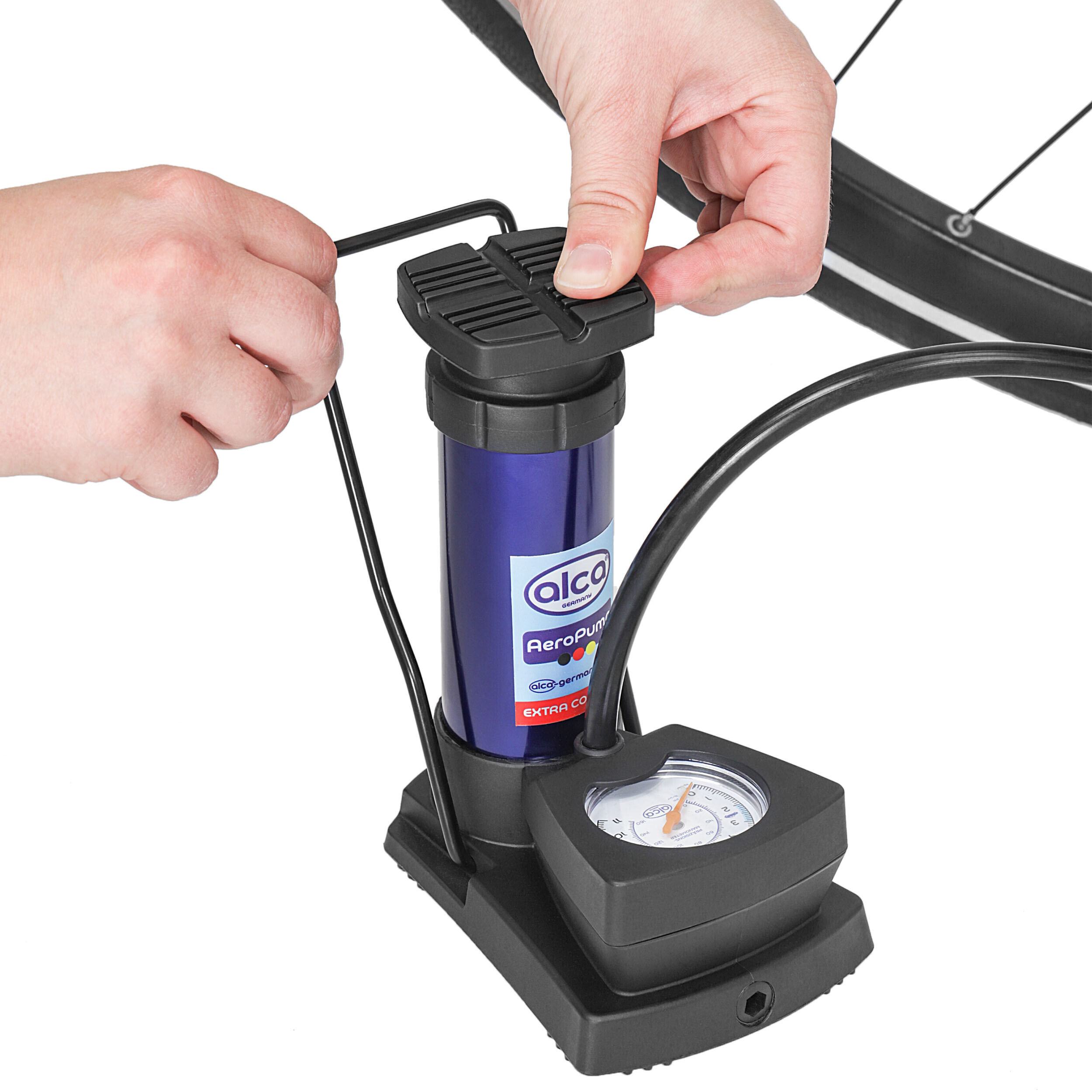 Mini Standfußpumpe mit Manometer | alca® MINI AERO PUMP 11 bar