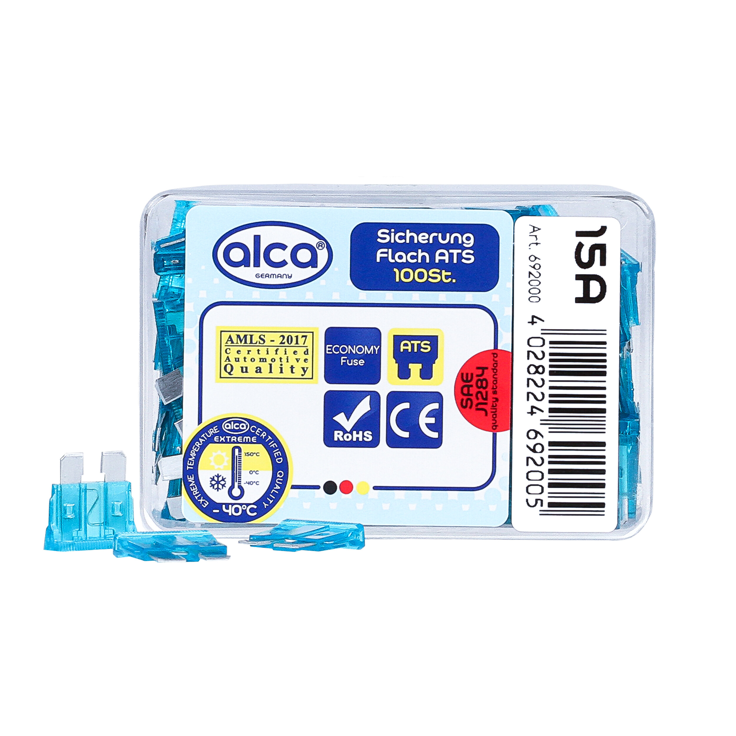 Flach-Sicherungen Economy-Box (100 Stück) | alca® Fuse ATS 15A E